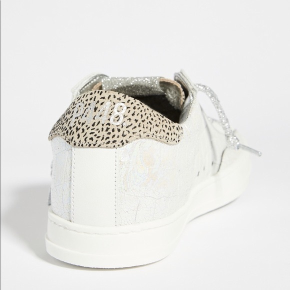 NEW P448 John Low Top Cheetah Print Textured Leather Sneakers in Metallic Silver - Picture 2 of 8